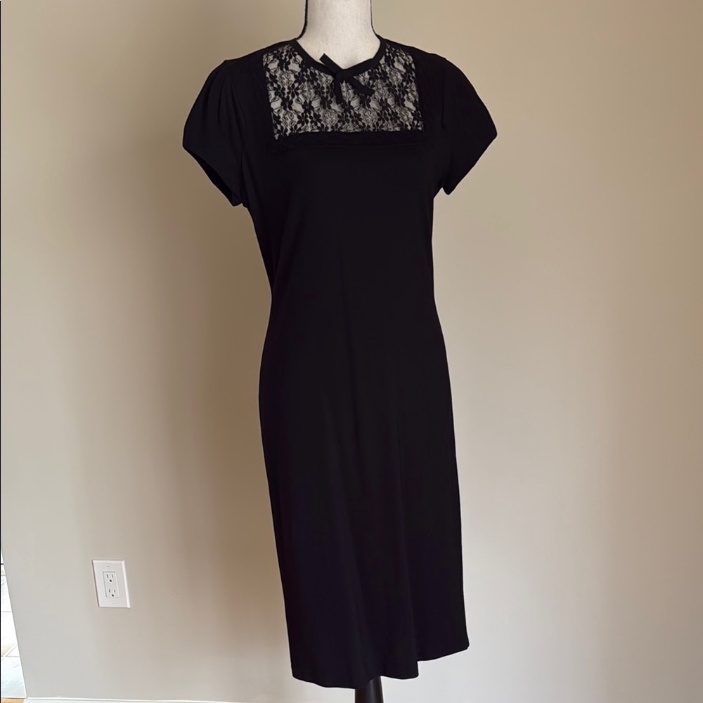Red Valentino Black Short Sleeve Lace Bow Midi Dress Stretch Ponte Knit Women 4